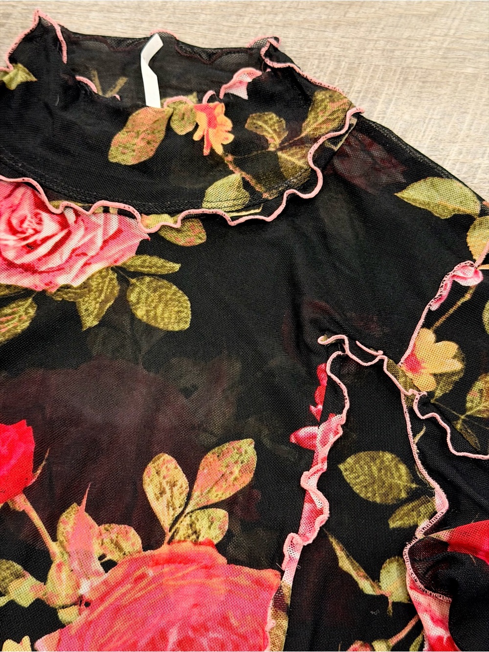 Free People Charlie Printed Mesh Top Sz M Black Floral Sheer Whimsygoth Romantic - Picture 3 of 9